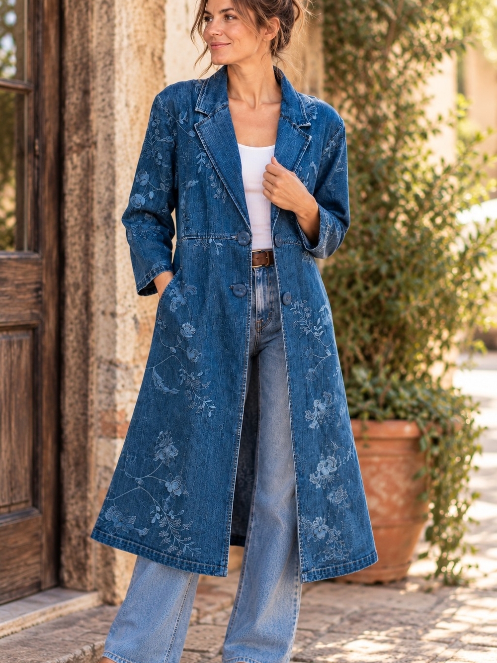 Dressbarn Woman Vintage Embroidered Denim Long Jacket Coat 2X 18/20W
